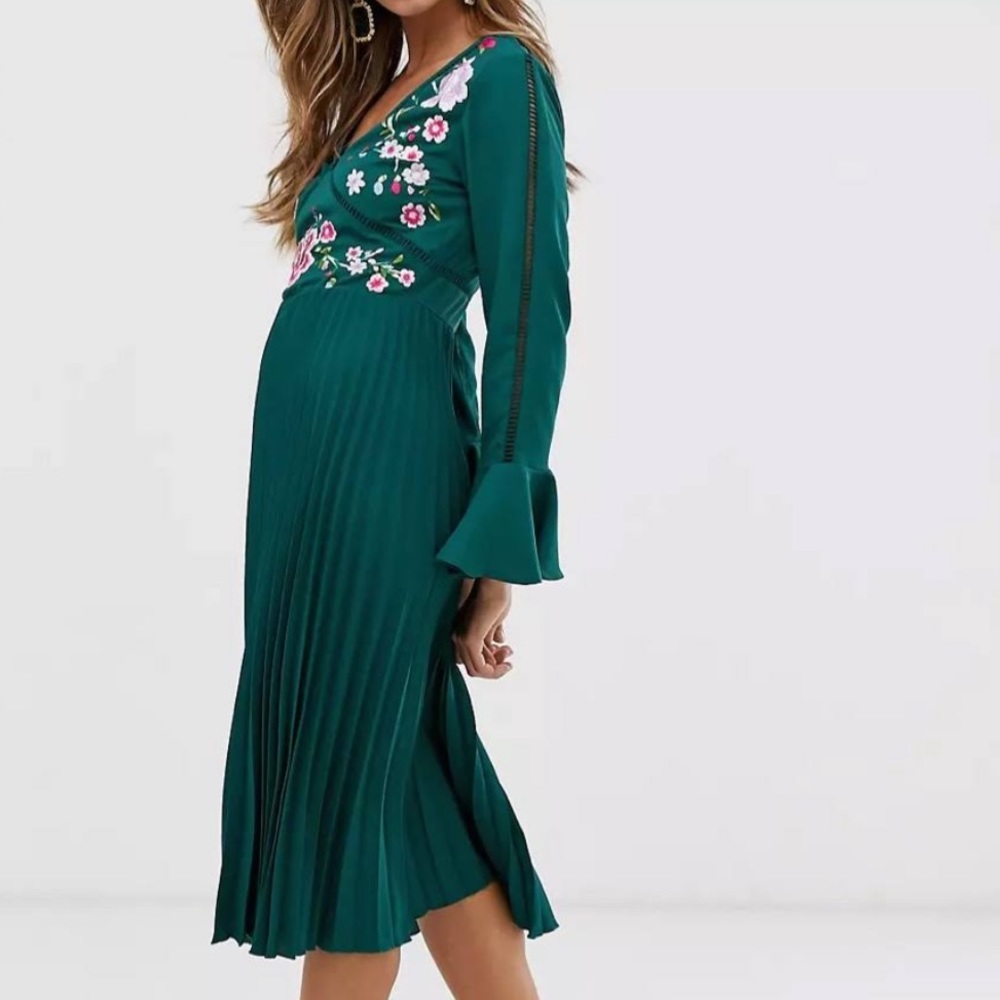ASOS Jade Green Size 4 Embroidered Dress Midi Small Worn Once